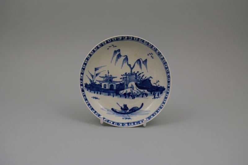 Vauxhall Porcelain Willow, Boat and Pagoda Pattern Saucer, C1758-60.