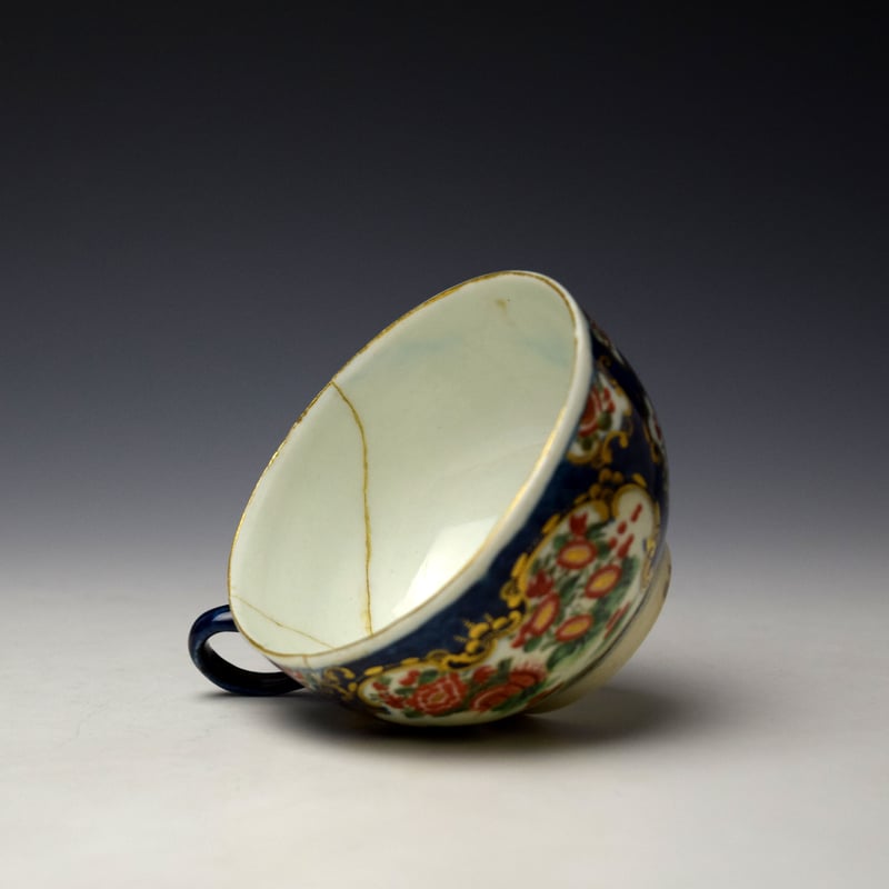 Worcester Blue Scale Queens Pattern Teacup and Saucer c1770 (6)