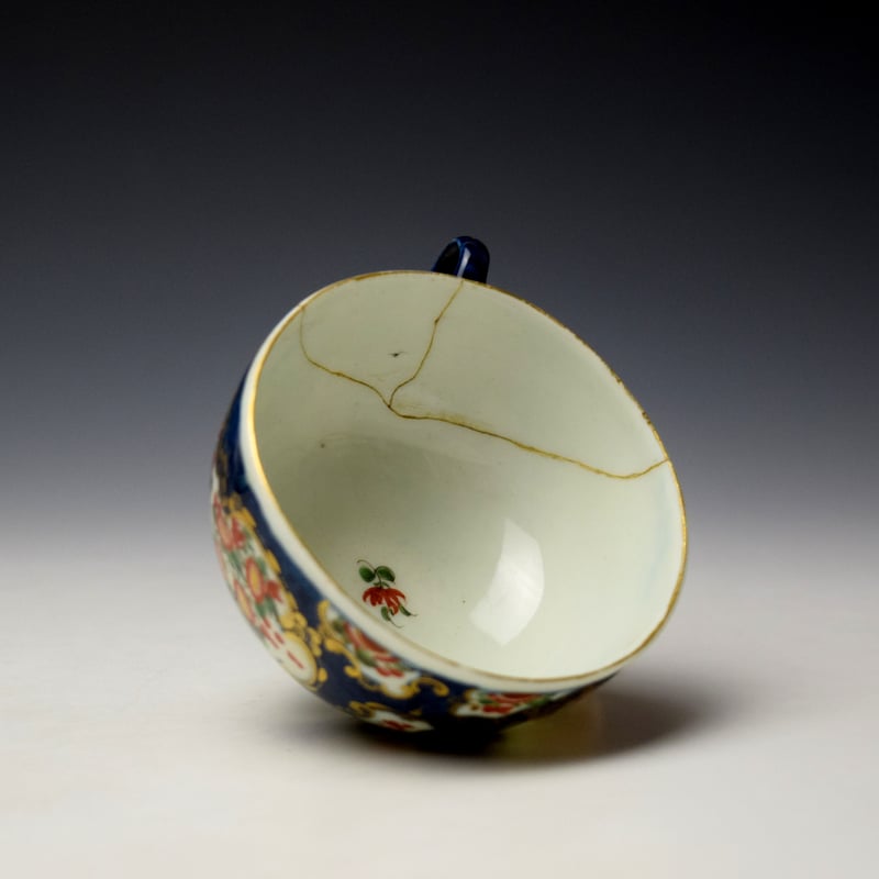 Worcester Blue Scale Queens Pattern Teacup and Saucer c1770 (7)