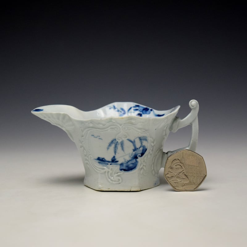 Worcester The Sinking Boat Fisherman Pattern Hexagonal Creamboat c1754-55 (2)